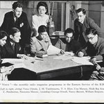 Group photograph of 'Voice' programme presenters and writers (Left to right) Venu Chitale, Meary James Tambimuttu, T. S. Eliot, Una Marson, Mulk Raj Anand, C. Pemberton, Narayana Menon; (standing) George Orwell, Nancy Barrat, and William Empson