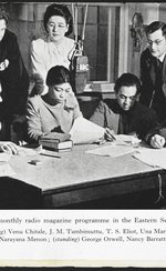 Group photograph of 'Voice' programme presenters and writers (Left to right) Venu Chitale, Meary James Tambimuttu, T. S. Eliot, Una Marson, Mulk Raj Anand, C. Pemberton, Narayana Menon; (standing) George Orwell, Nancy Barrat, and William Empson