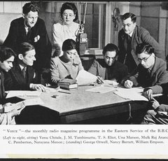 Group photograph of 'Voice' programme presenters and writers (Left to right) Venu Chitale, Meary James Tambimuttu, T. S. Eliot, Una Marson, Mulk Raj Anand, C. Pemberton, Narayana Menon; (standing) George Orwell, Nancy Barrat, and William Empson