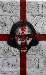 Image of St George's flag with Altab Ali's face in the centre with blood splatters
