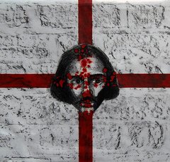 Image of St George's flag with Altab Ali's face in the centre with blood splatters