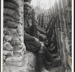 ‘Highlanders and Dogras in a trench with dugouts’ [Fauquissart, France]. Girdwood, H.D. Record of the Indian Army in Europe during the First World War