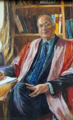 Painting of Haroon Ahmed seated at table in gown.