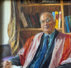 Painting of Haroon Ahmed seated at table in gown.