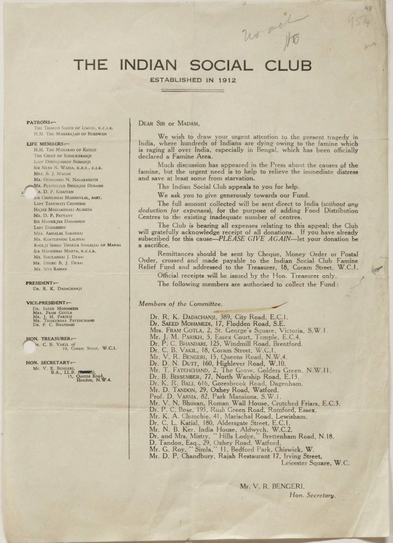 Indian Social Club Appeal Leaflet, Indian Famine, 1943
