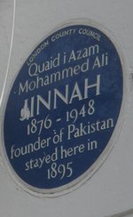 Photo of blue plaque at Mohammed Ali Jinnah's home in London