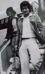 Vijay Parmar and friend disembarking a plane, 1976.